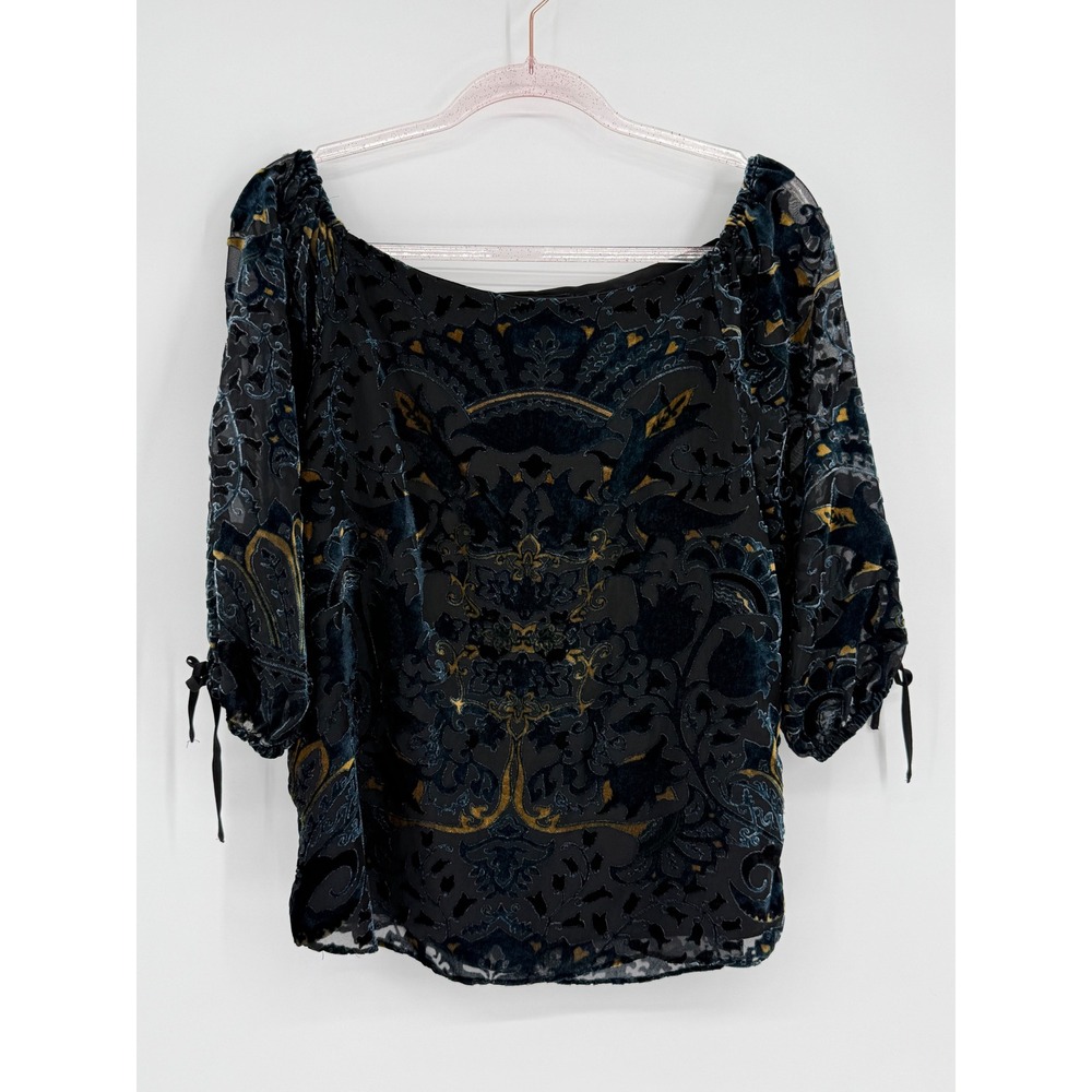 Dalia Velvet Burnout Paisley Blouse Teal‎ Gold Black Tie Sleeve Size M